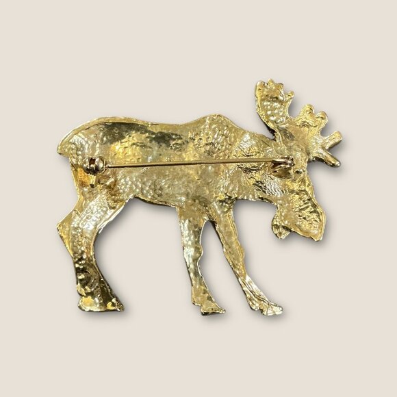 Gold-Tone & Brown Moose Brooch Pin With Rhinestone Antlers 2"x1.5" Elegant Anima - Picture 2 of 2
